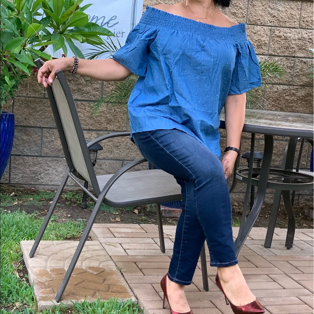 Soft denim off the shoulder blouse